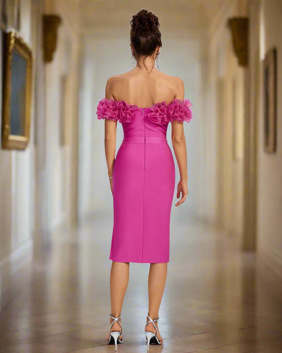 Shoulder Ruffle Trim Bandage Dress