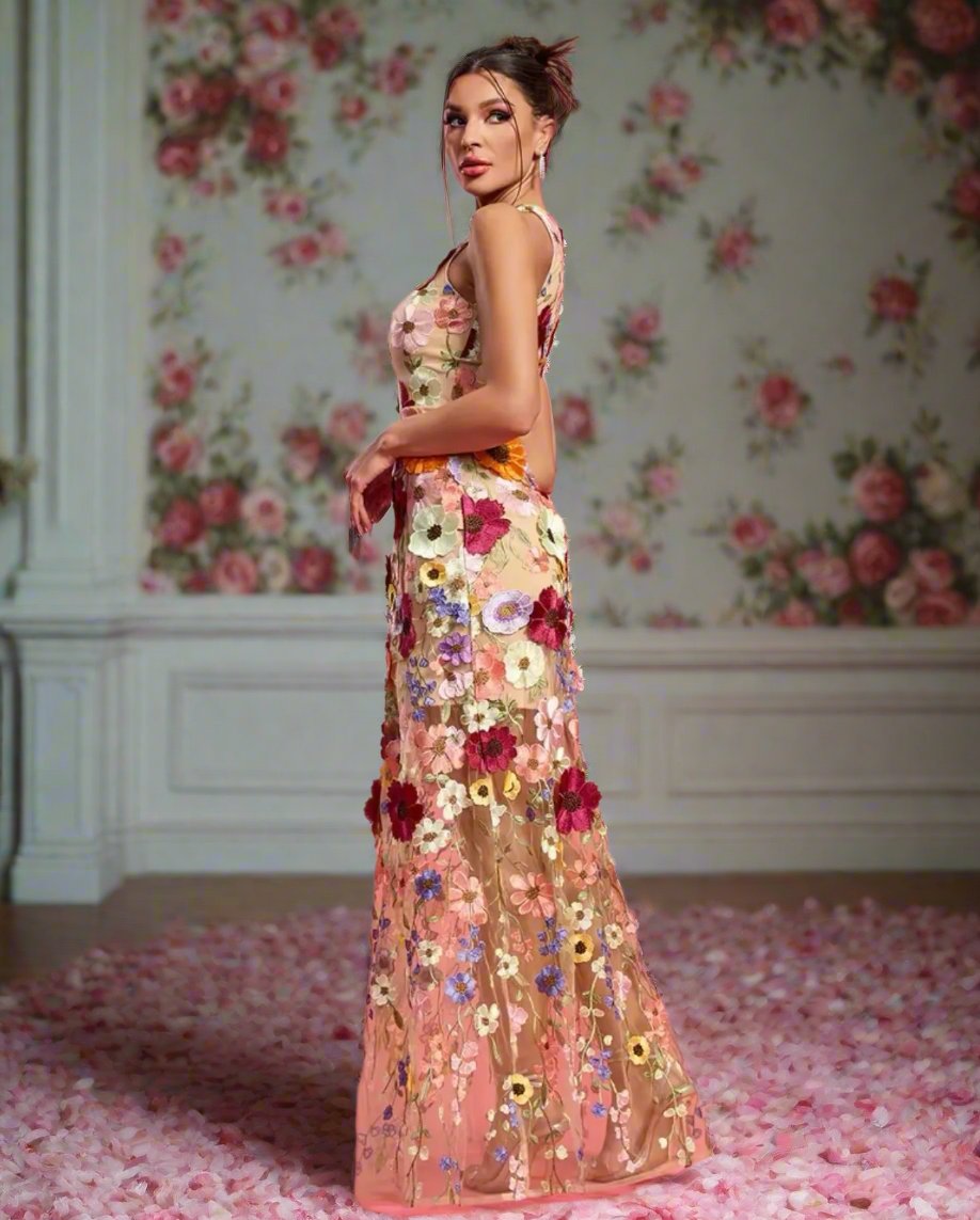 Mesh See Through Embroidery Flower Floral  Dress