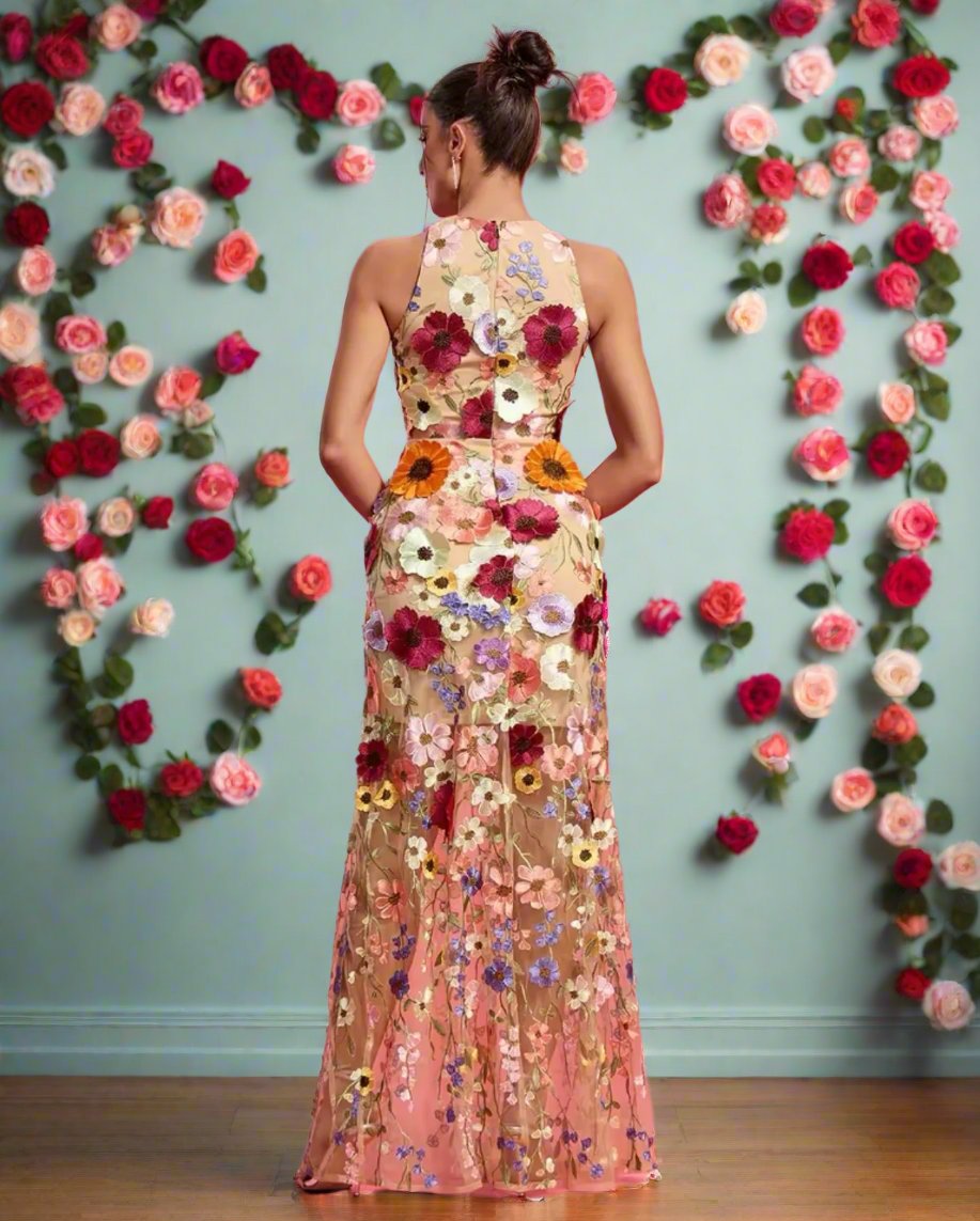 Mesh See Through Embroidery Flower Floral  Dress