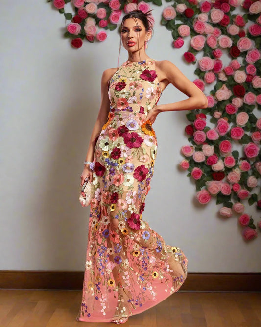 Mesh See Through Embroidery Flower Floral  Dress