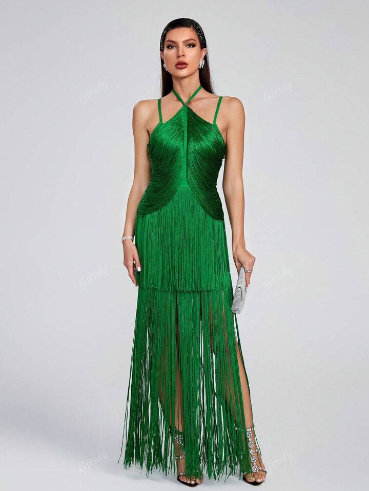 Spaghetti Strap Halter Neck  Long Tassel Maxi Bandage  Dress