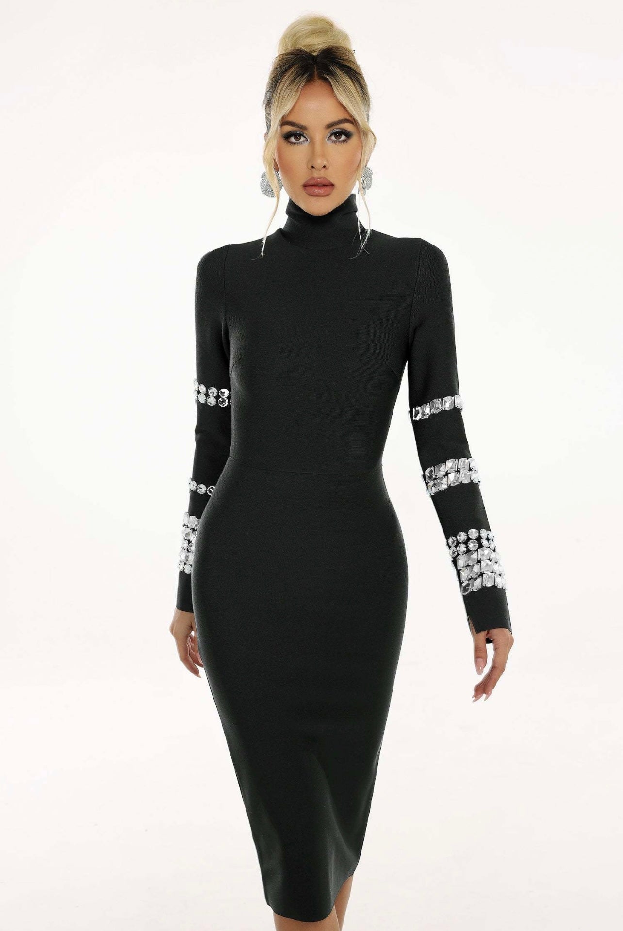 Turtleneck Embellished Long Sleeve Bandage Dress