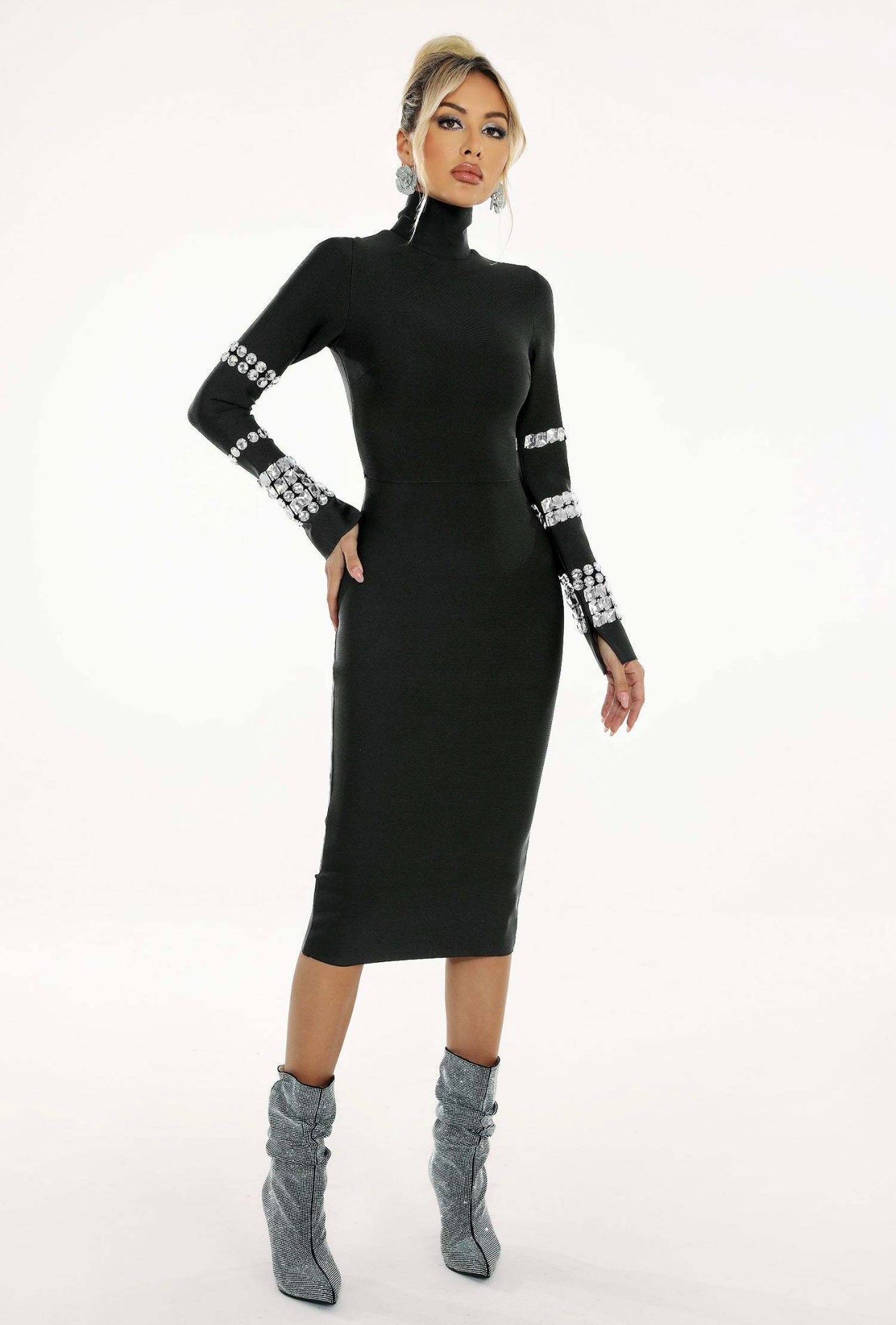 Turtleneck Embellished Long Sleeve Bandage Dress