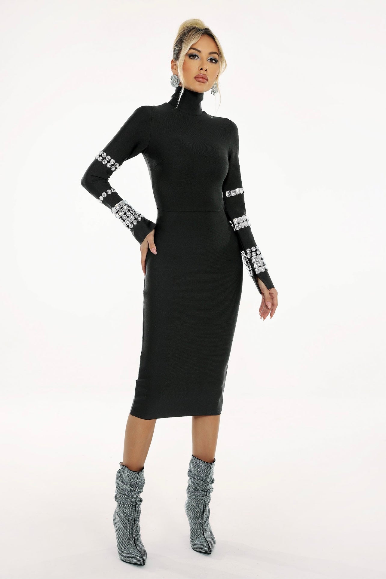 Turtleneck Embellished Long Sleeve Bandage Dress