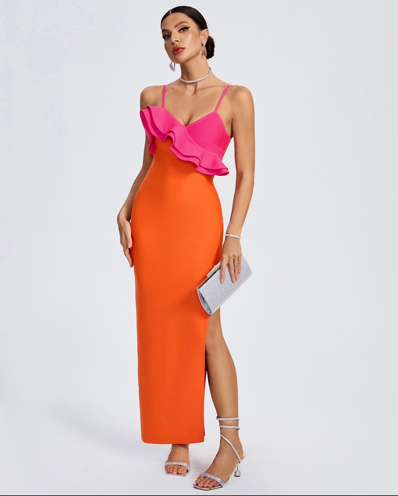 Color Block Ruffle Top Bandage Dress