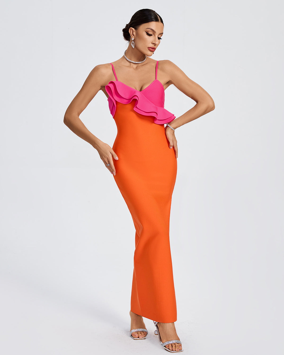 Color Block Ruffle Top Bandage Dress