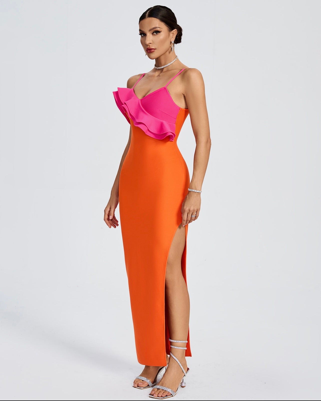 Color Block Ruffle Top Bandage Dress