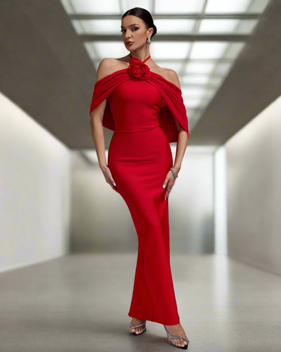 Draped Flower Maxi Bandage Dress