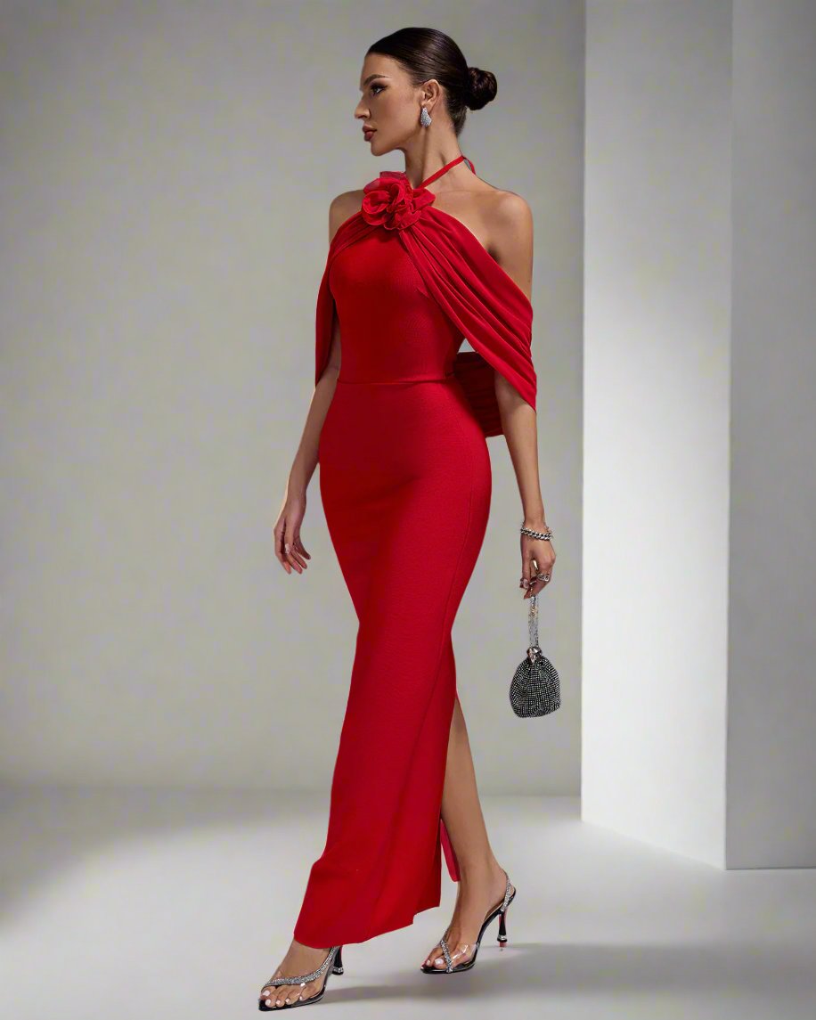 Draped Flower Maxi Bandage Dress