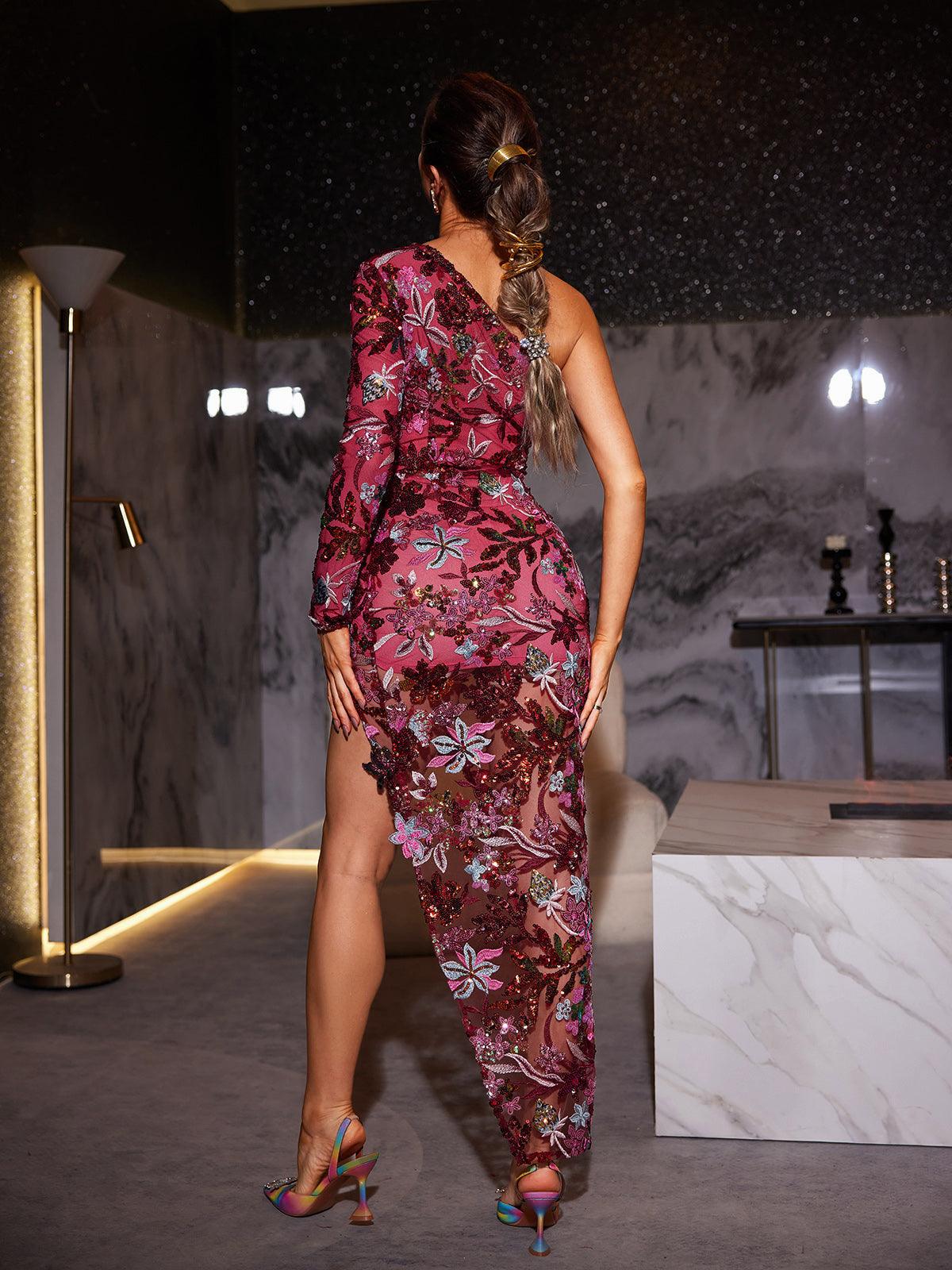 Flower Sequins One Shoulder Dress