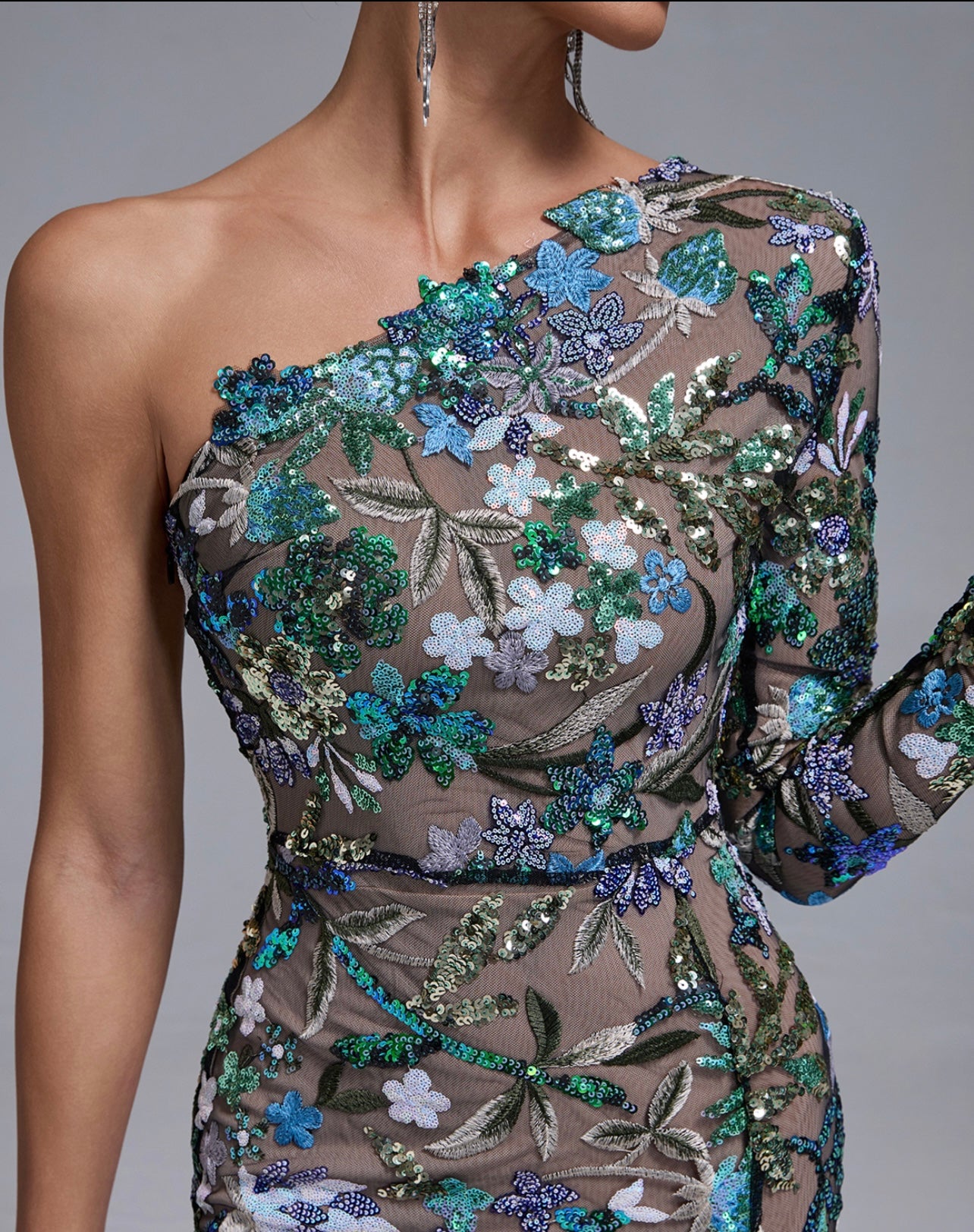 Flower Sequins One Shoulder Dress