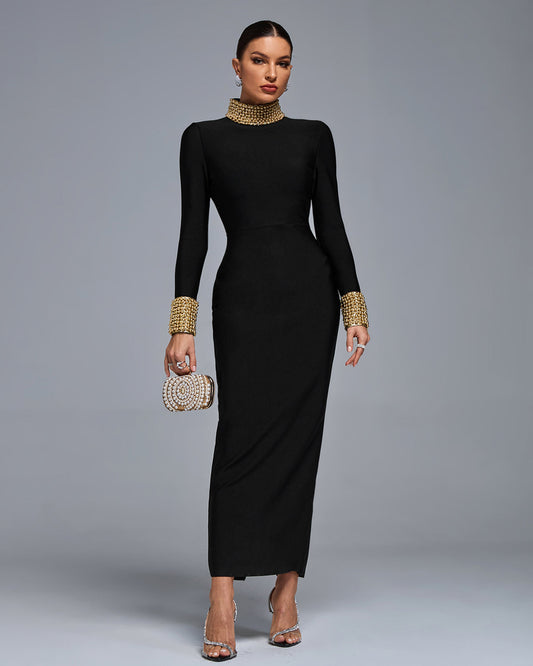 Gold Bead Back Out Bandage Dress