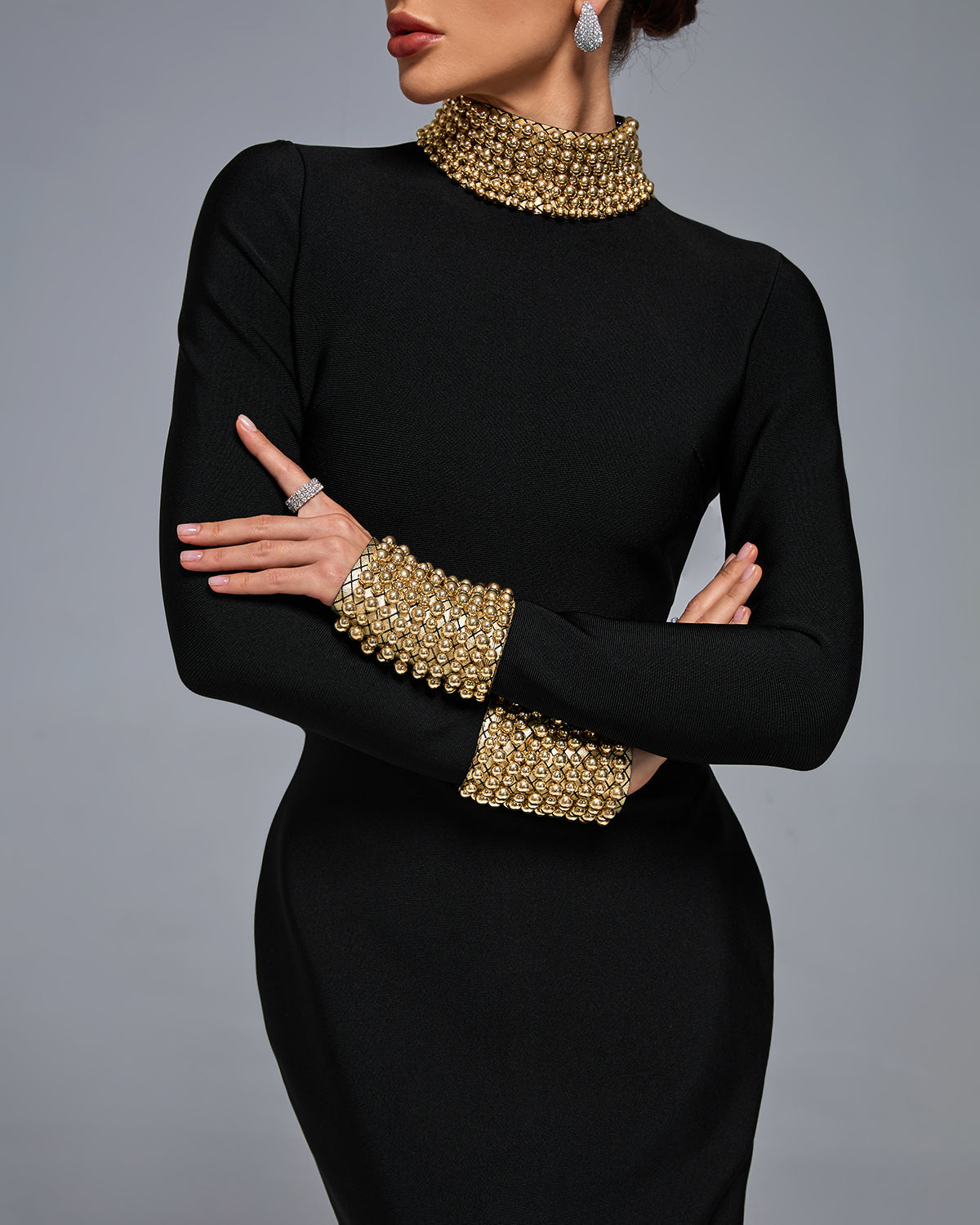 Gold Bead Back Out Bandage Dress