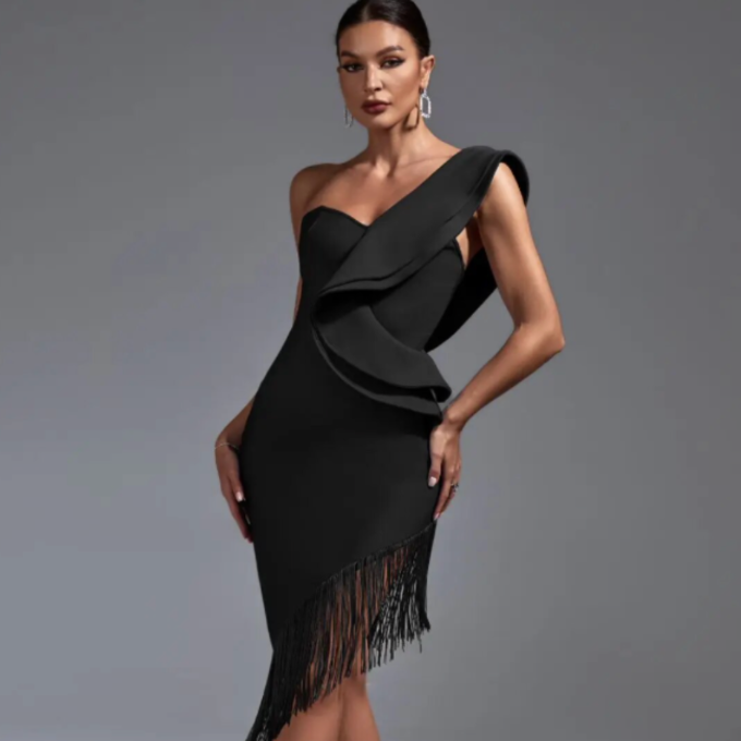 One Shoulder Fringe Midi Bandage Dress