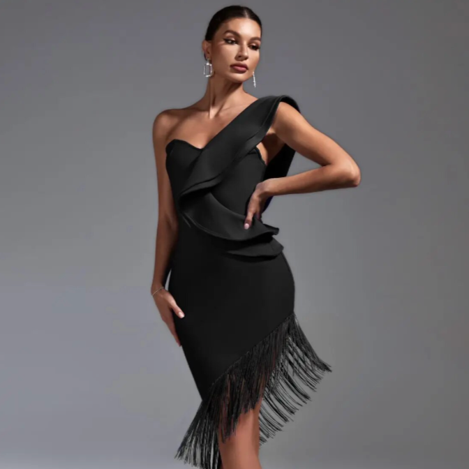 One Shoulder Fringe Midi Bandage Dress