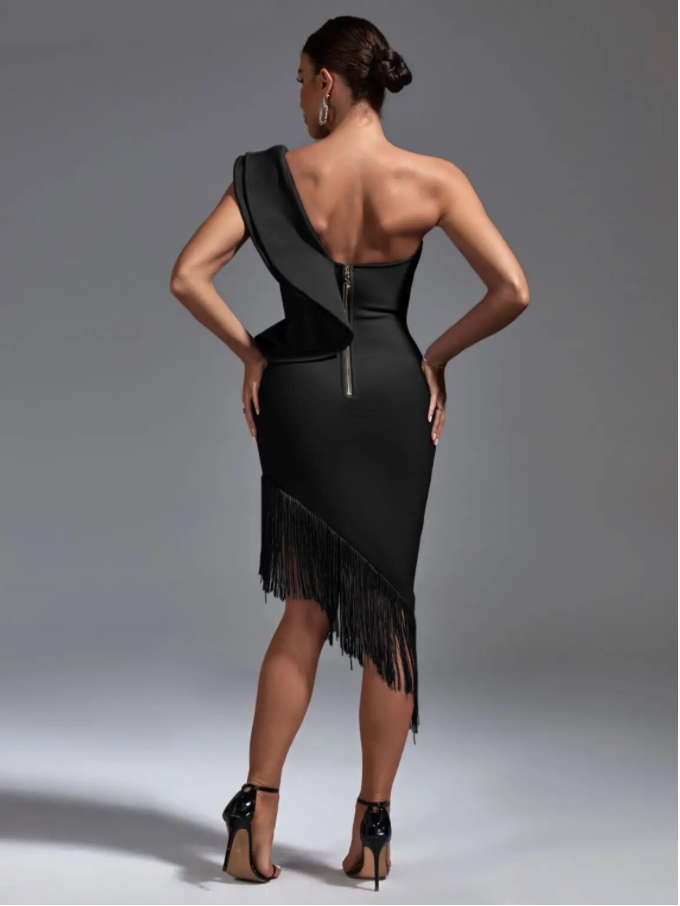 One Shoulder Fringe Midi Bandage Dress