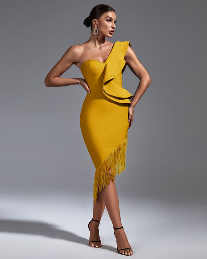 One Shoulder Fringe Midi Bandage Dress