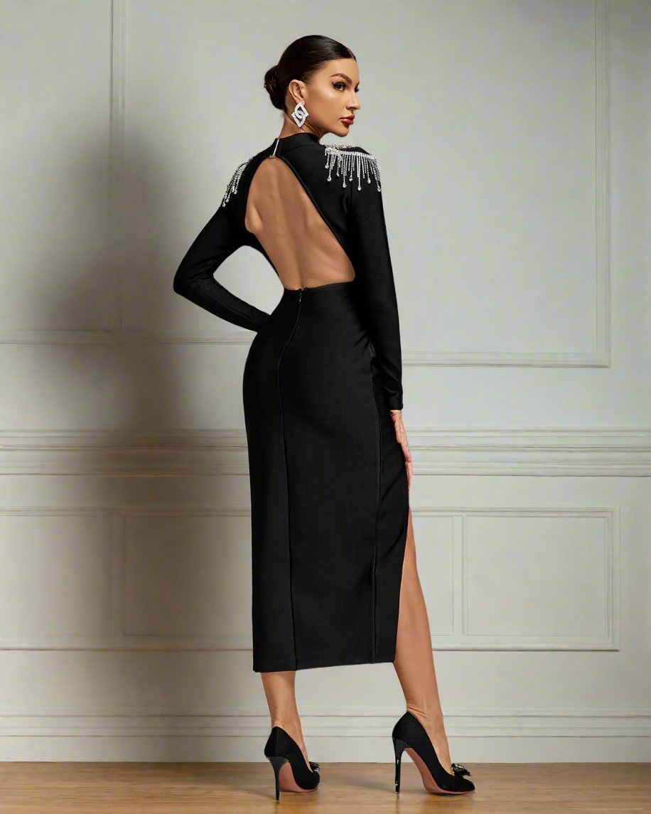 Crystal Tassel Shoulder Backless Bandage Dress