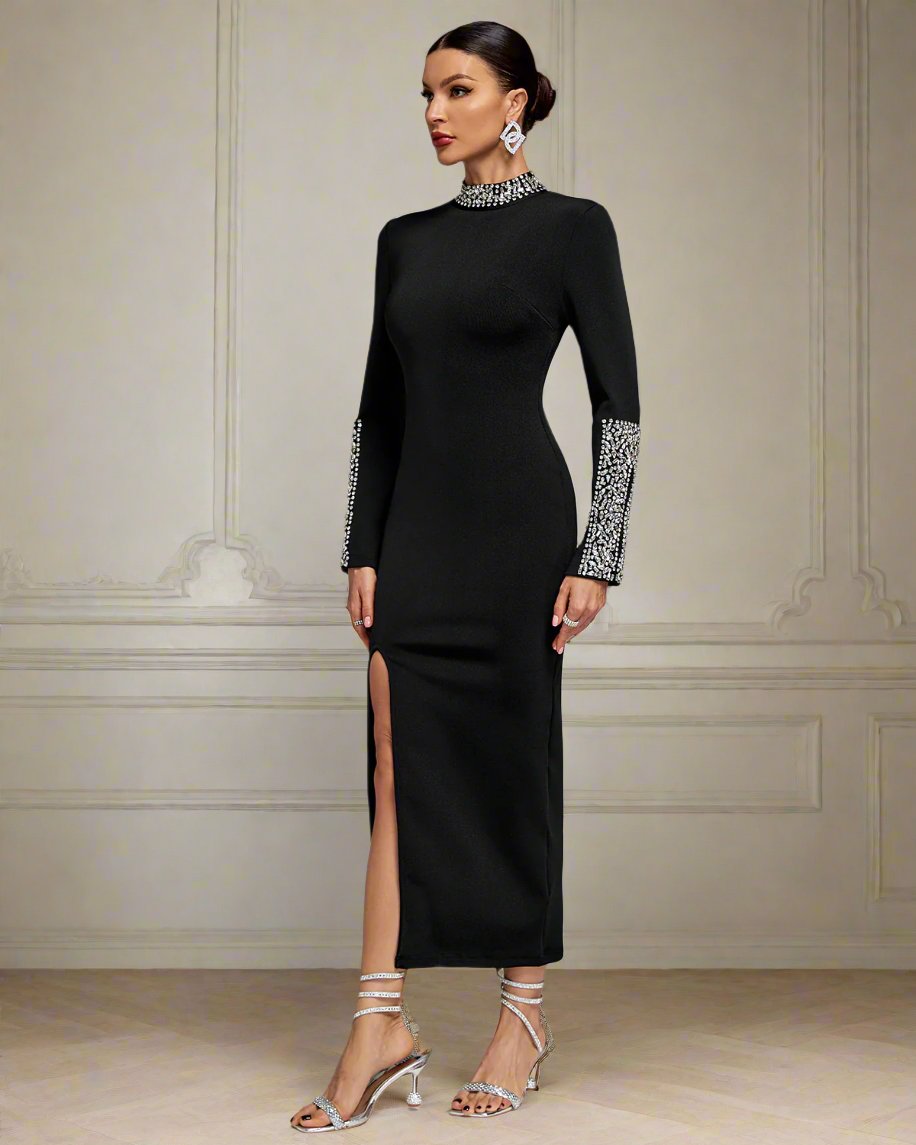 Embellished Trim Long Sleeve Bandage Dress