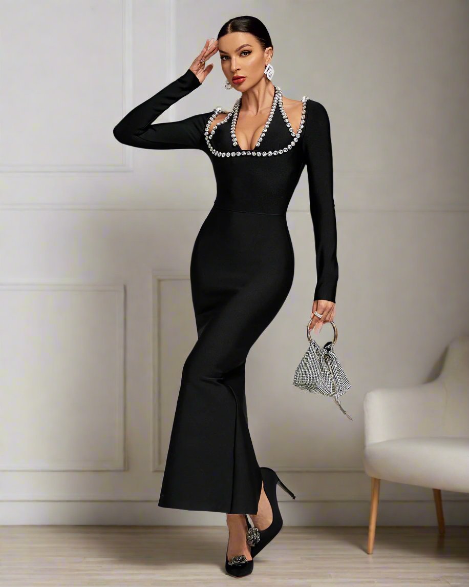 Puff Sleeves Crystal Tassel Bandage Dress