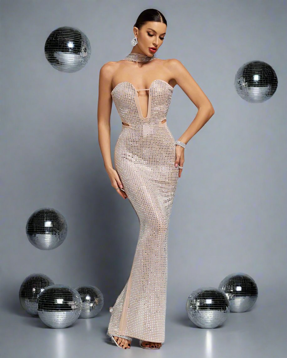 Crystal Plunge Neck Dress