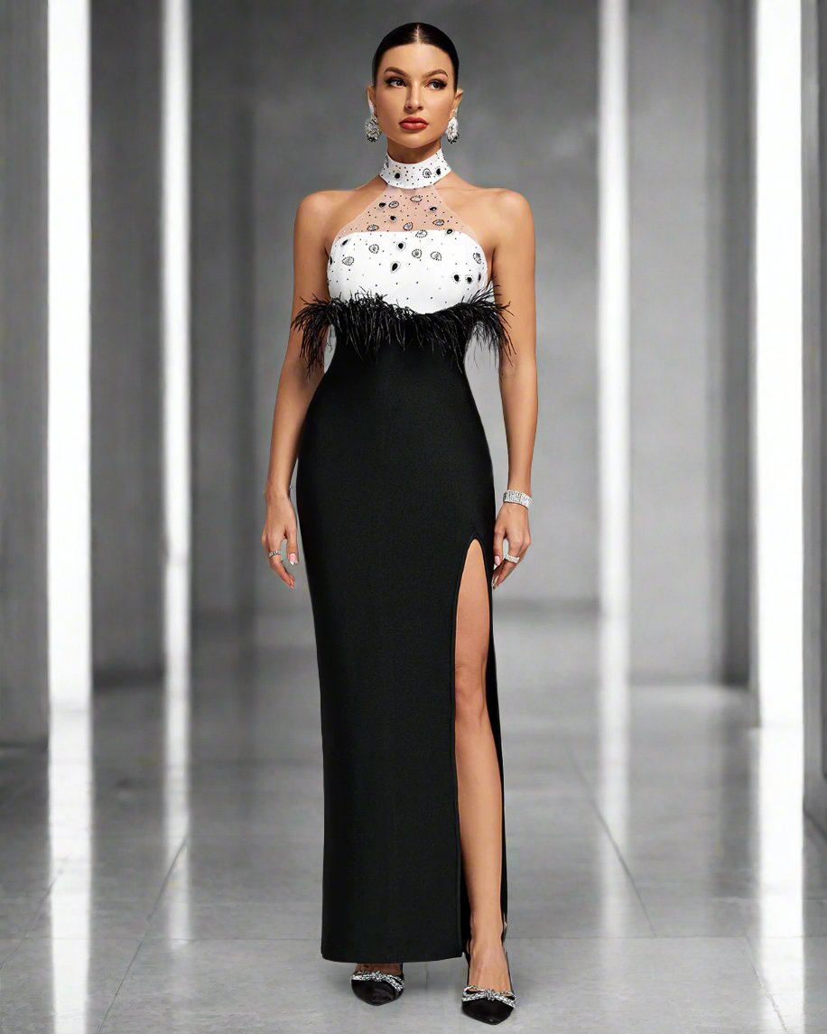 Crystal Neck Detail Waist Feather Bandage Dress