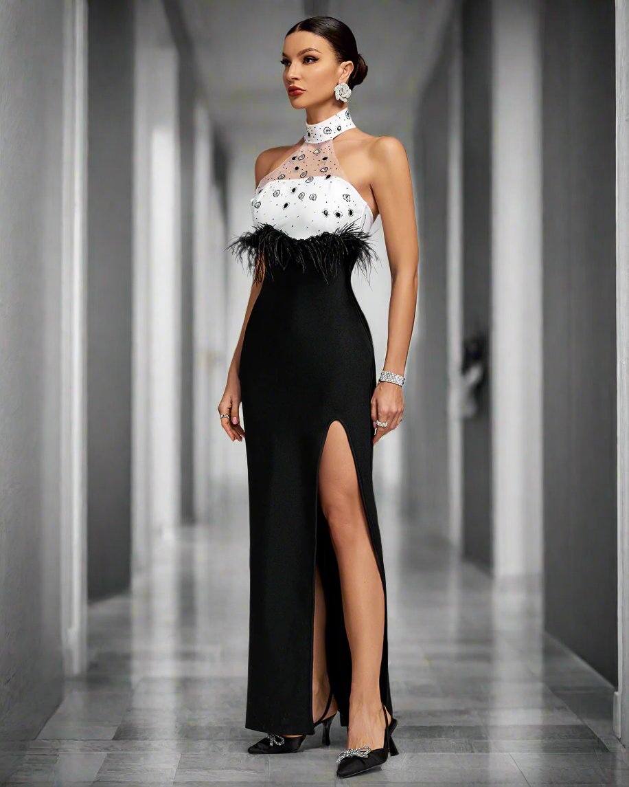 Crystal Neck Detail Waist Feather Bandage Dress