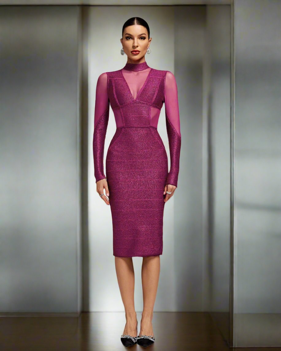 High Neck Sparkle Bandage Midi Dress