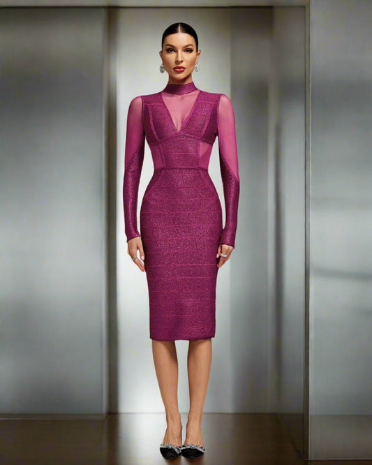 High Neck Sparkle Bandage Midi Dress