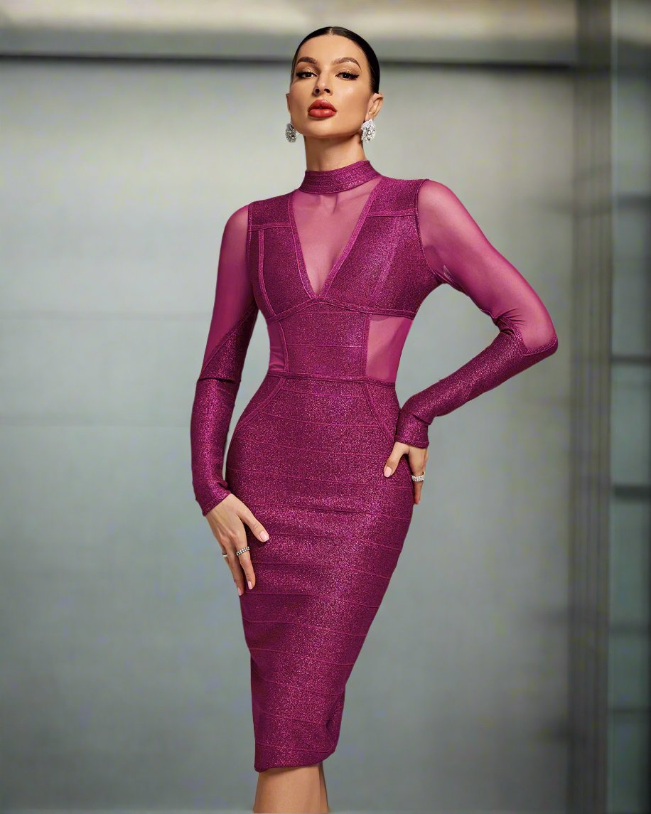 High Neck Sparkle Bandage Midi Dress