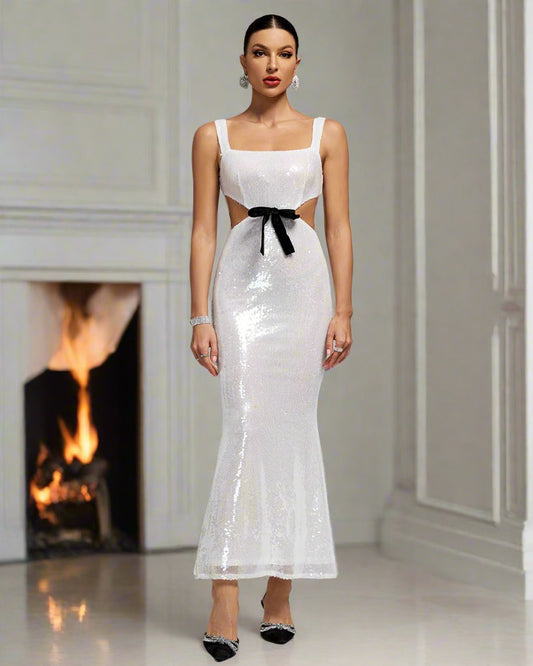 Sequins Cut Out Dress With Bow Accent