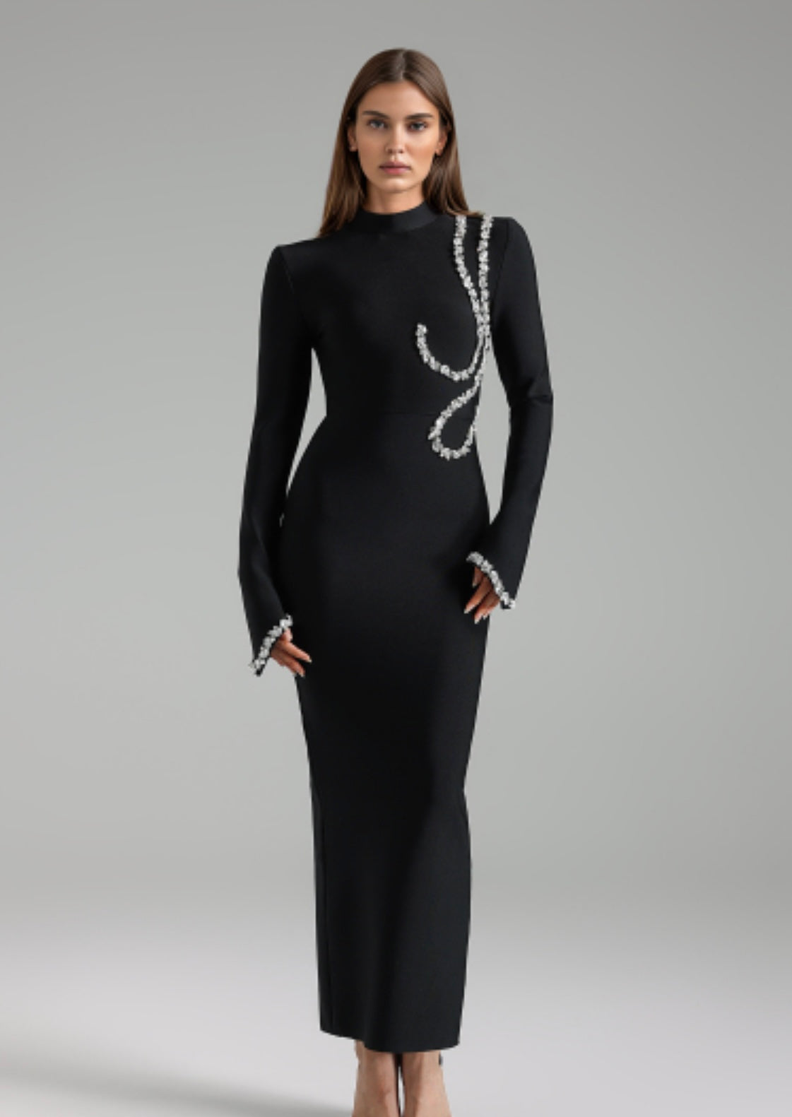 Crystal Trim Long Sleeve Bandage Dress