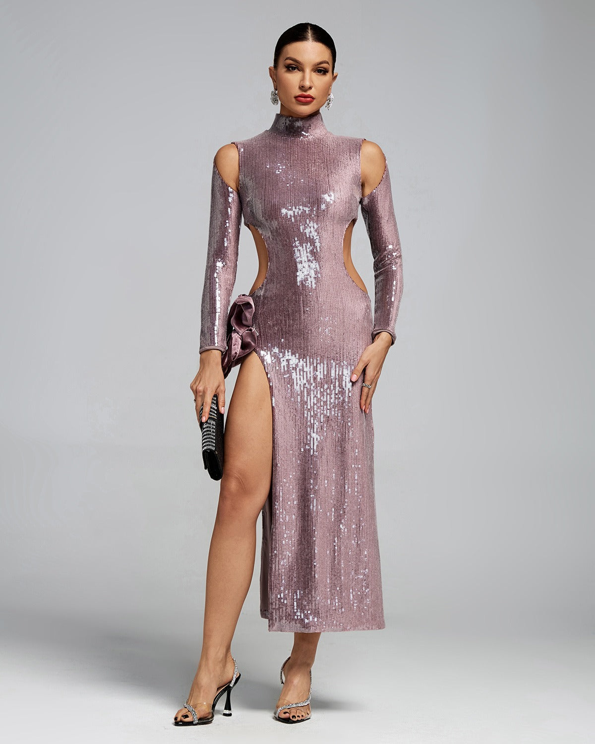 Turtleneck Sequins Cut Out Dress
