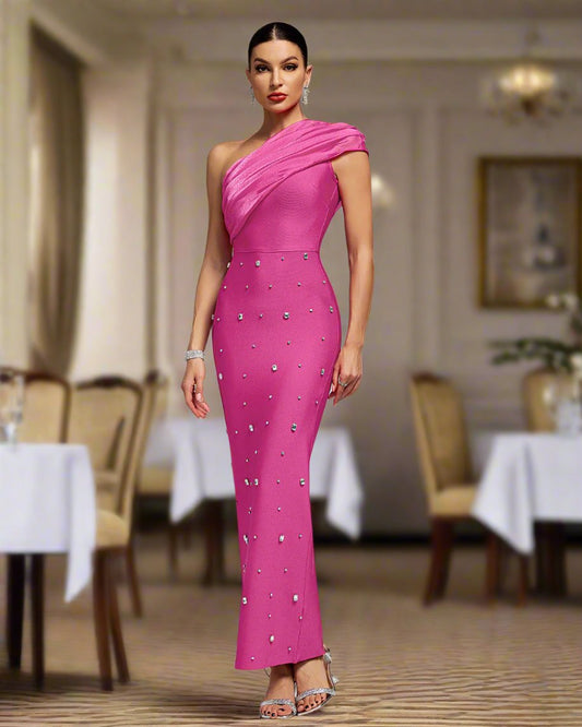 One Shoulder Drape Rhinestone Bandage Dress
