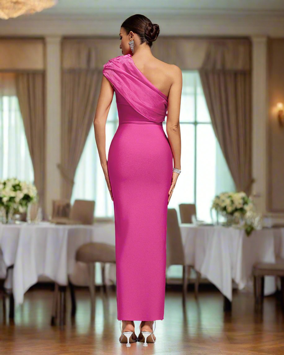 One Shoulder Drape Rhinestone Bandage Dress