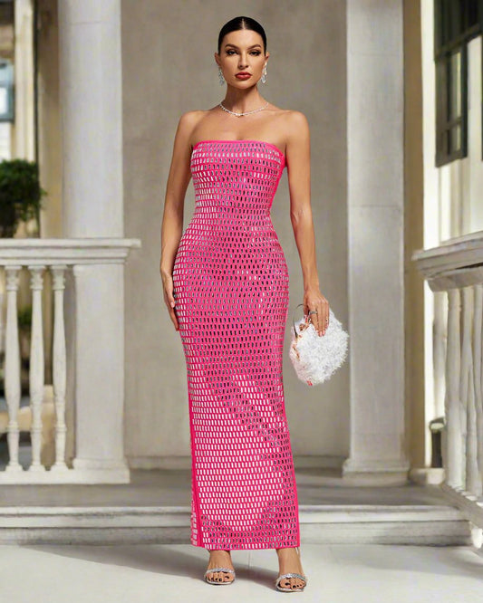 Pink Crystal Strapless Maxi Dress