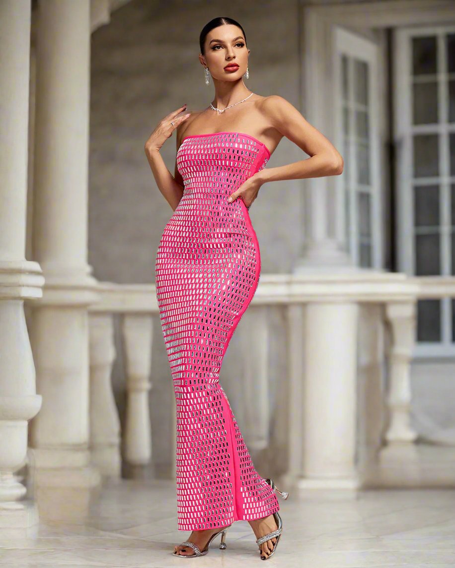 Pink Crystal Strapless Maxi Dress