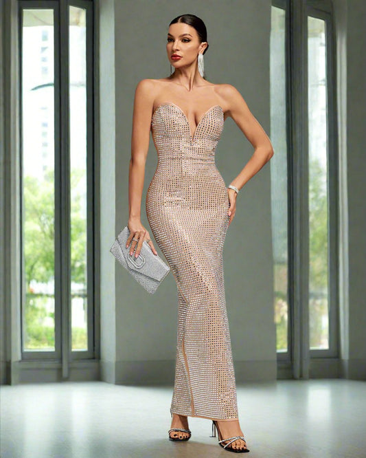 Beige Crystal Strapless High Slit Dress