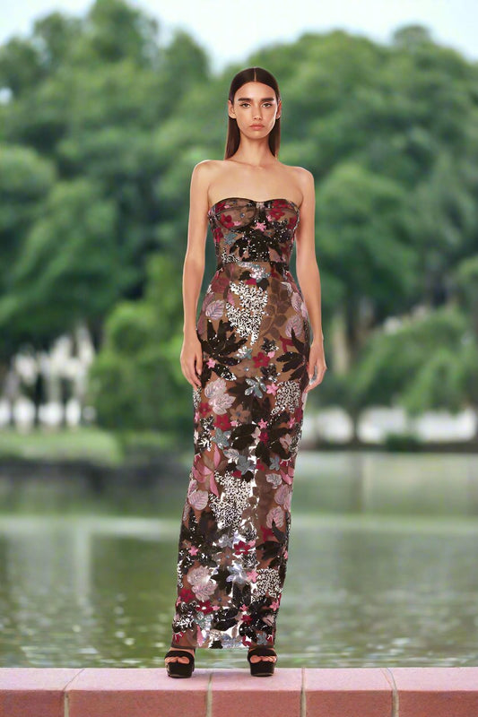 Embroidered Strapless Sequins Maxi Dress