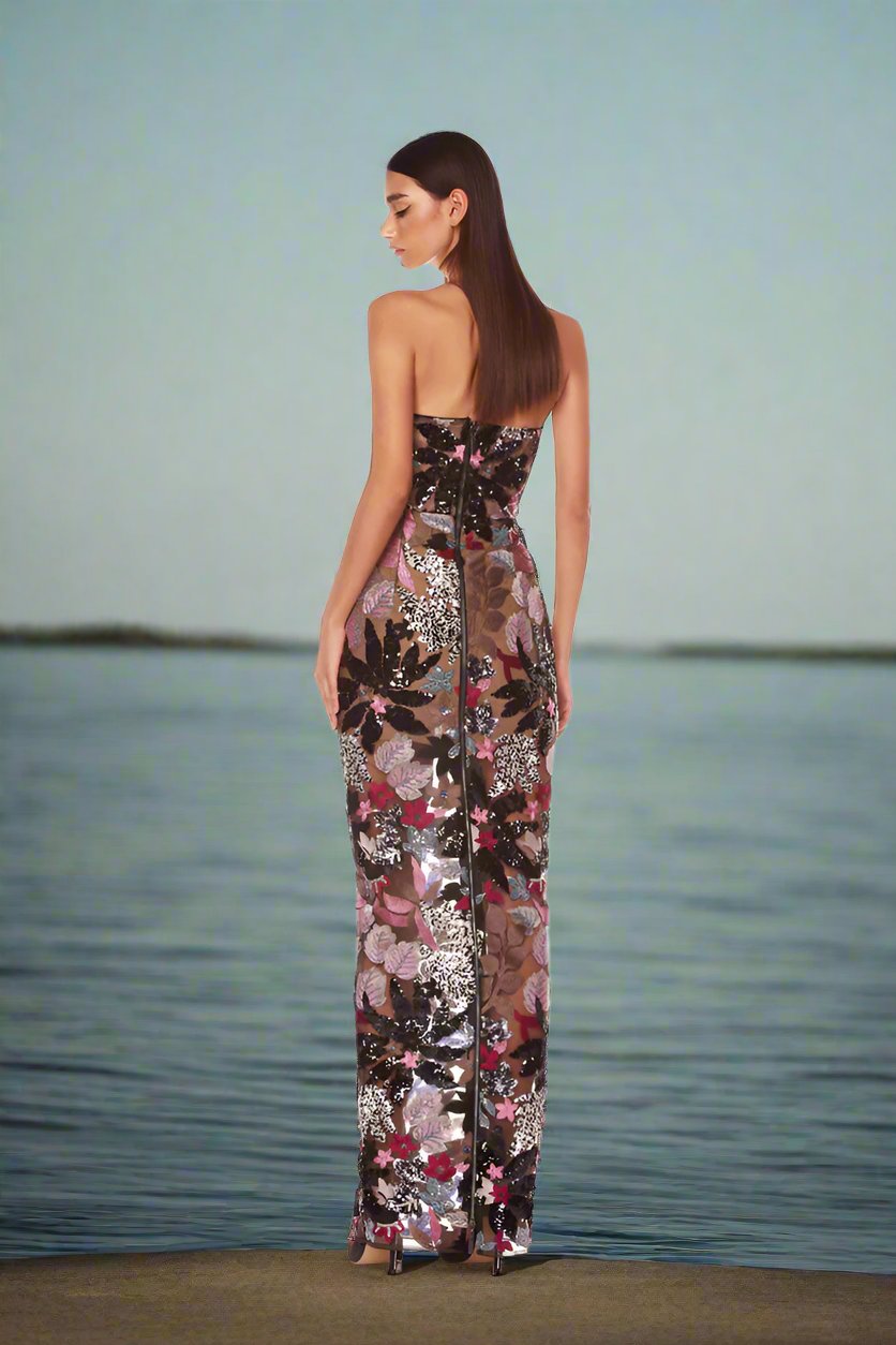 Embroidered Strapless Sequins Maxi Dress