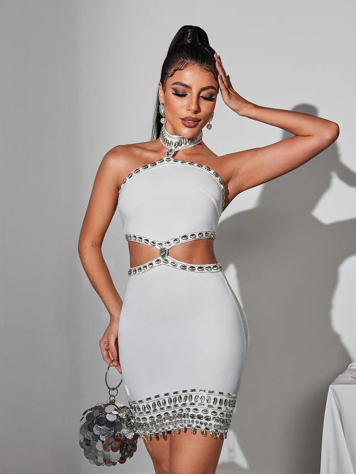 Halter Neck Cut Out Crystal Bandage Dress