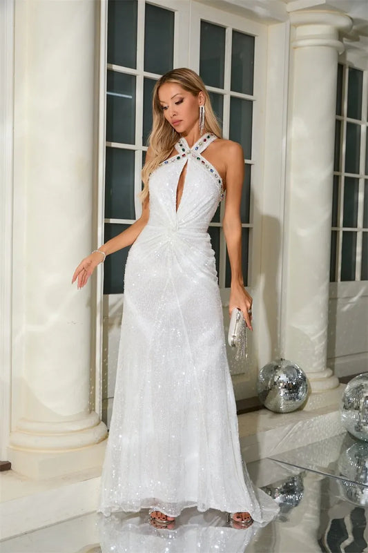 Halter Neck Rhinestone Sequins Maxi Dress