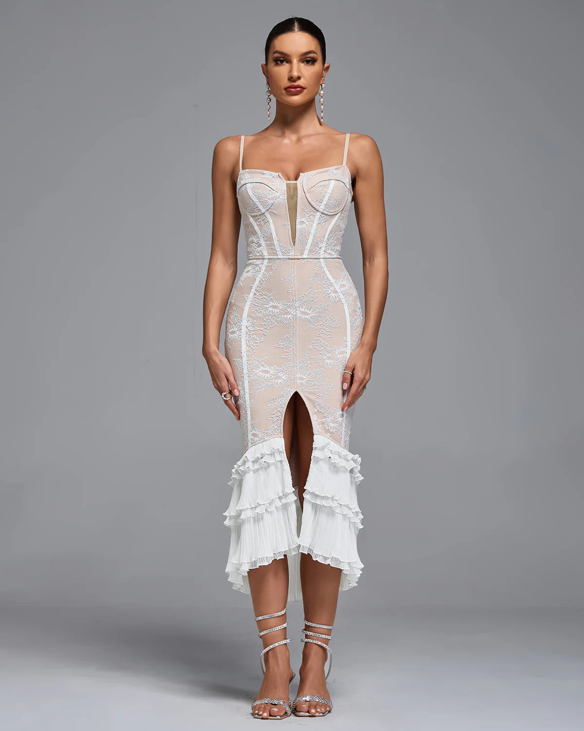 Ruffle Lace Midi Bandage Dress