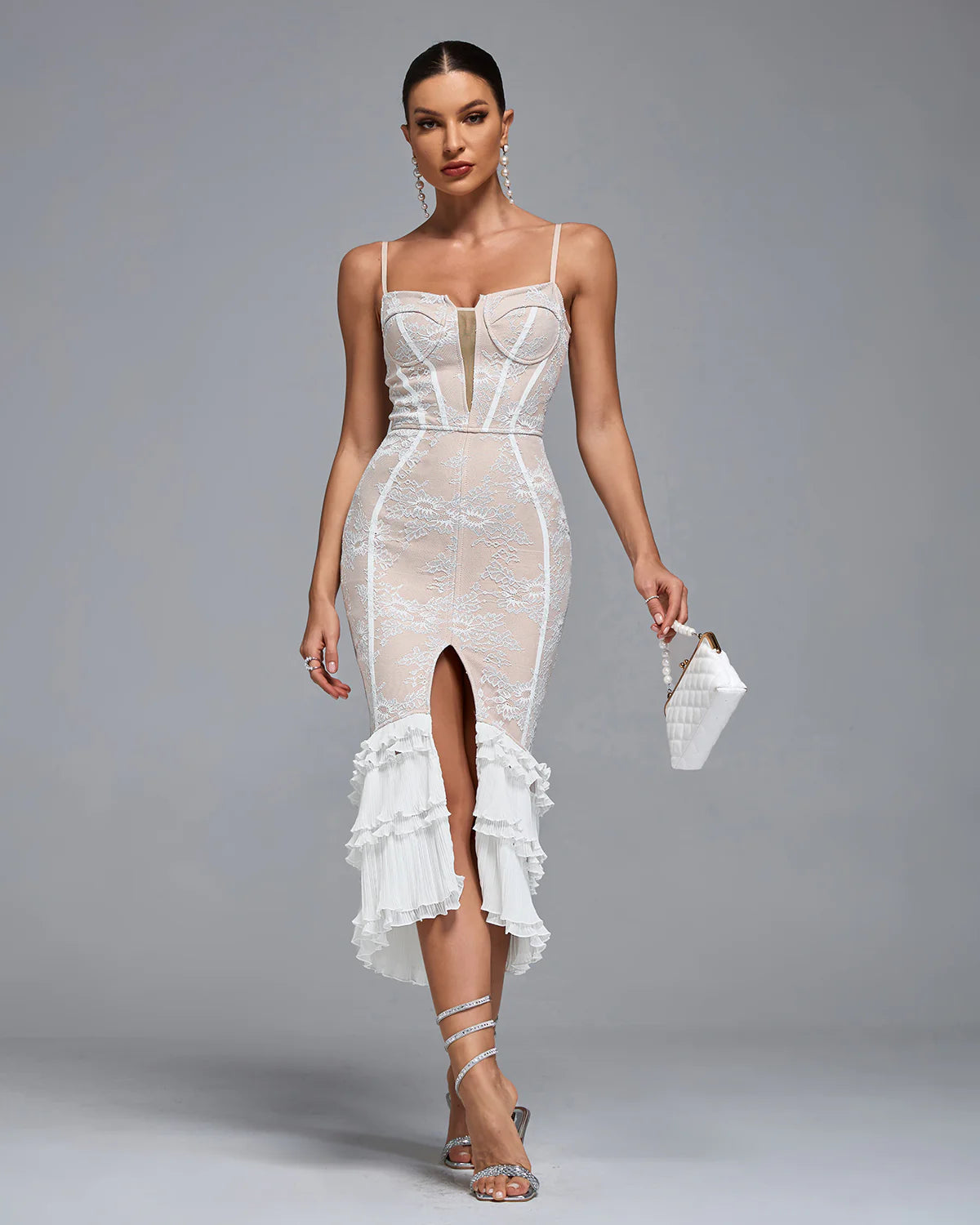 Ruffle Lace Midi Bandage Dress