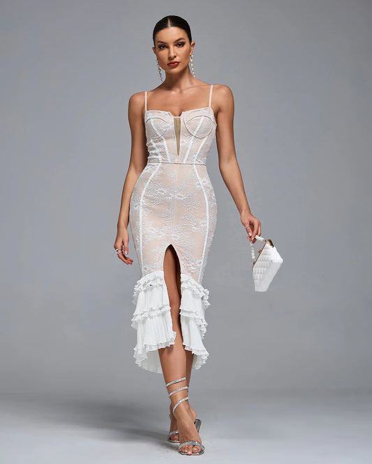 Ruffle Lace Midi Bandage Dress