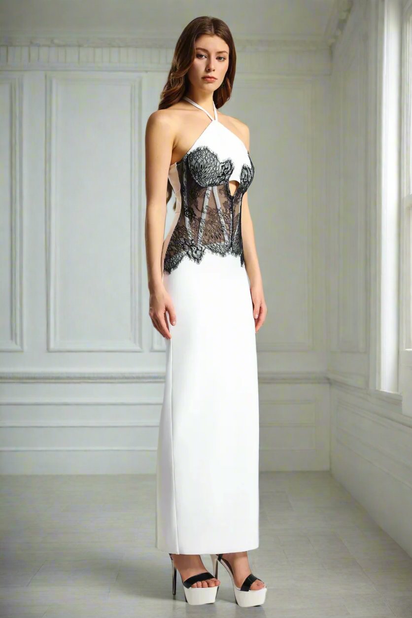 Lace Mesh Halter Neck Bandage Dress