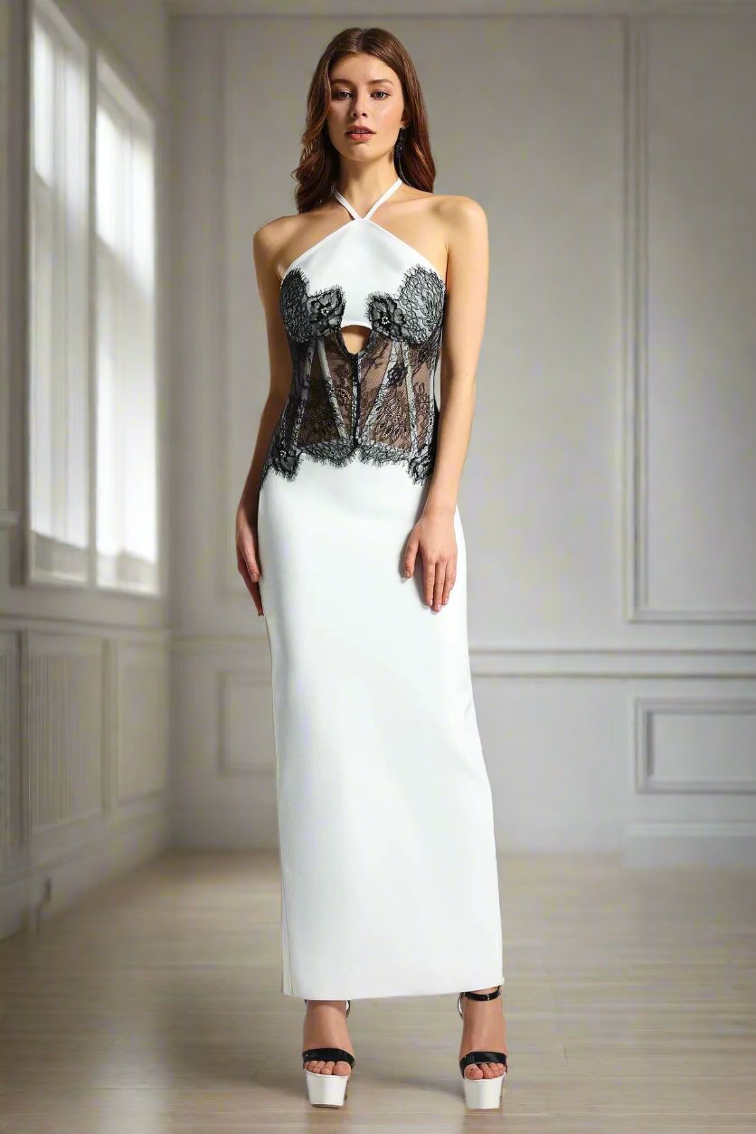 Lace Mesh Halter Neck Bandage Dress