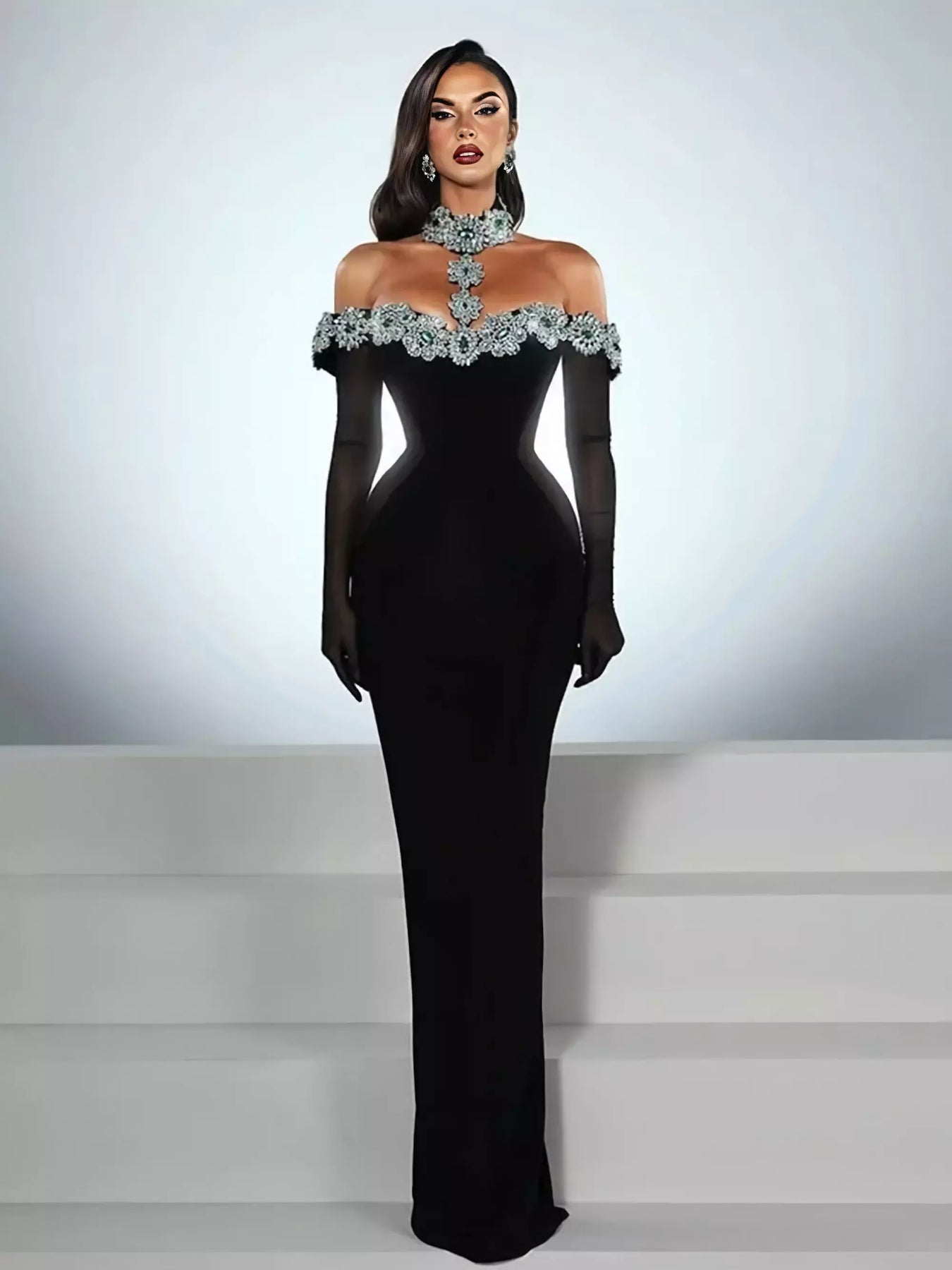 Embellished Neck Hanging Off The Shoulder Bandage Dress