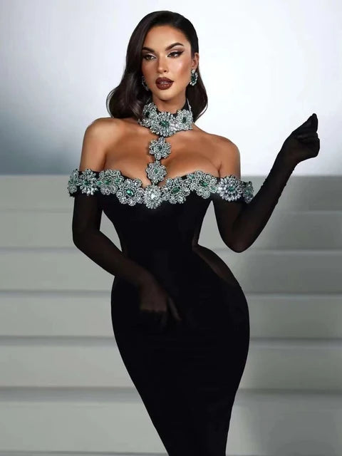 Embellished Neck Hanging Off The Shoulder Bandage Dress