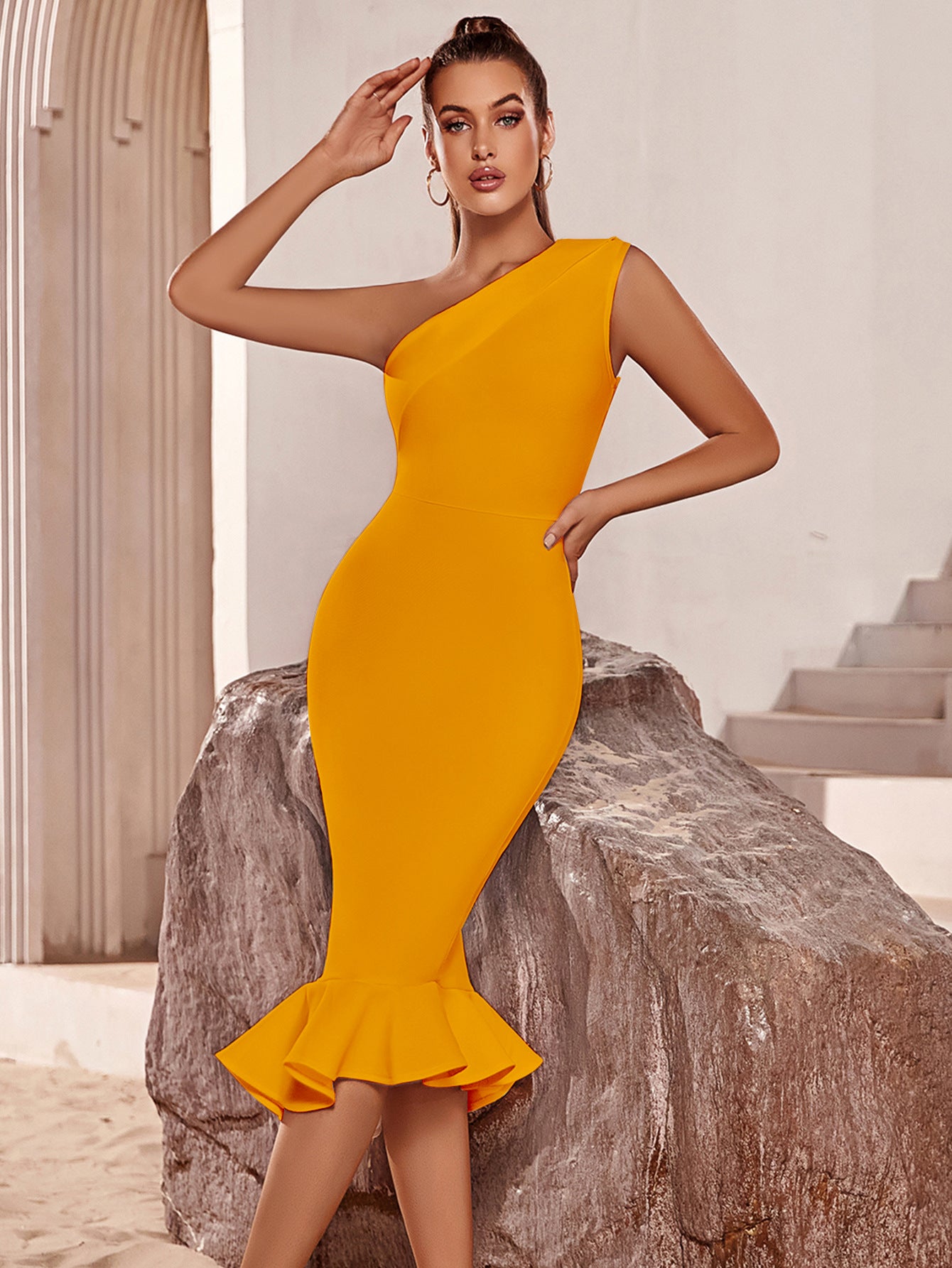 One Shoulder Midi Mermaid Bandage Dress
